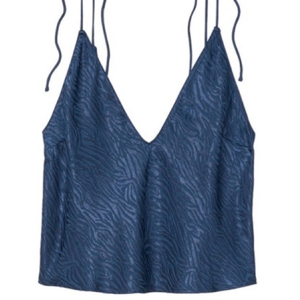 Victorias Secret Navy Blue Satin Zebra Print Tie Sleeve Top - Size Medium